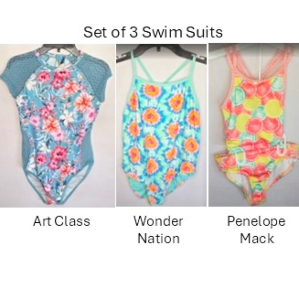 Set Of 3 Gently Used Girls Swim Suits: Art Class, Penelope Mack & Wonder Nation